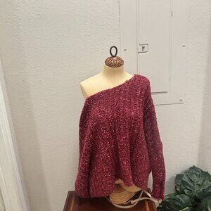 Crimson Speckled Off-Shoulder Yarn Sweater – Size Extra Large